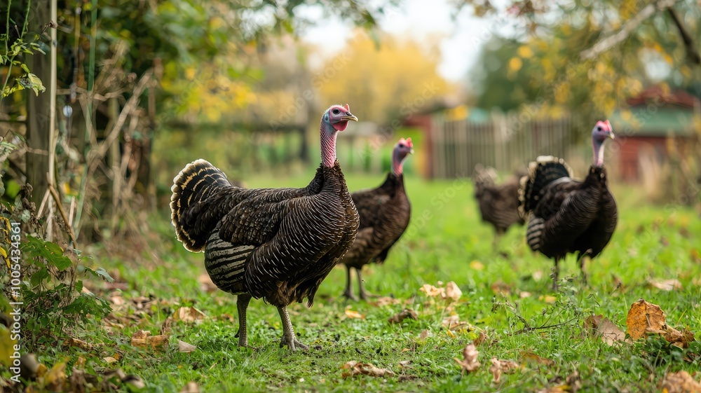 A group of wild turkeys foraging in a grassy field surrounded by autumn foliage, showcasing natural beauty and wildlife.