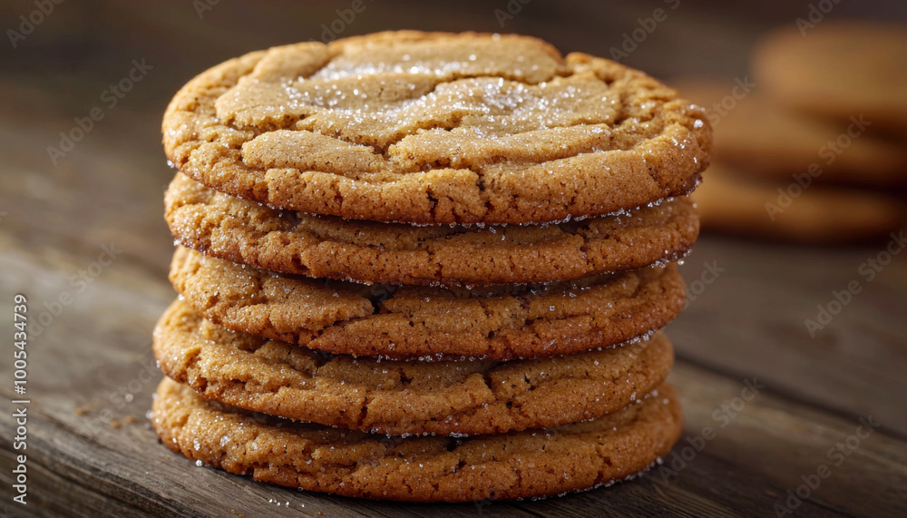 A stack of freshly baked cookies, showcasing a golden-brown color and a sprinkle of sugar on top, inviting and delicious. A stack of freshly baked cookies, showcasing a golden-brown color and a sprinkle of sugar on top, inviting and delicious.