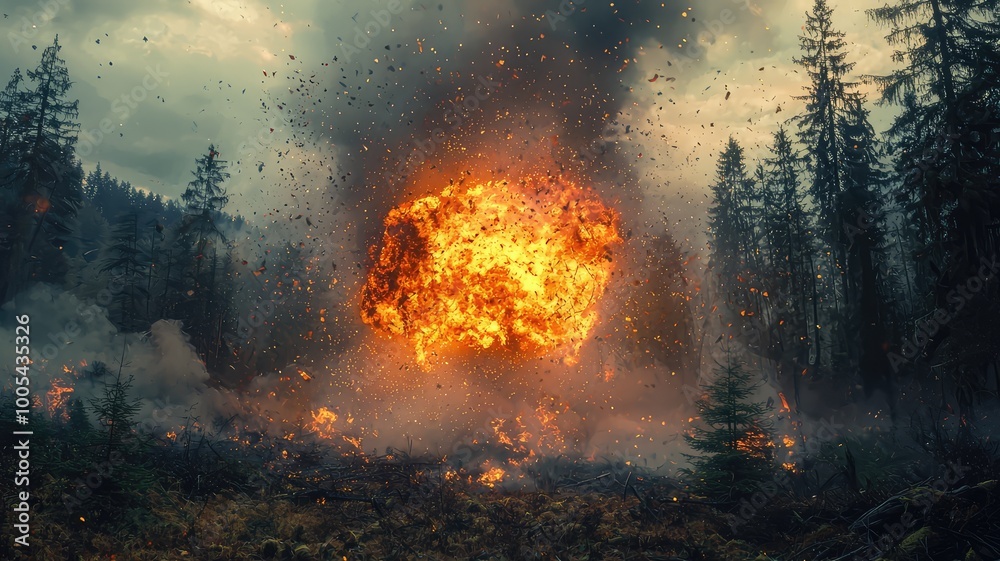 A large explosion erupts amidst a forest, sending debris and flames into the air, surrounded by towering trees and smoke. A large explosion erupts amidst a forest, sending debris and flames into the air, surrounded by towering trees and smoke.