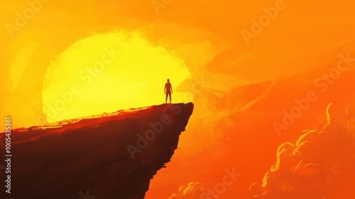 Illustration of a figure standing on a cliffside watching the sunset as vibrant orange hues fill the sky photo