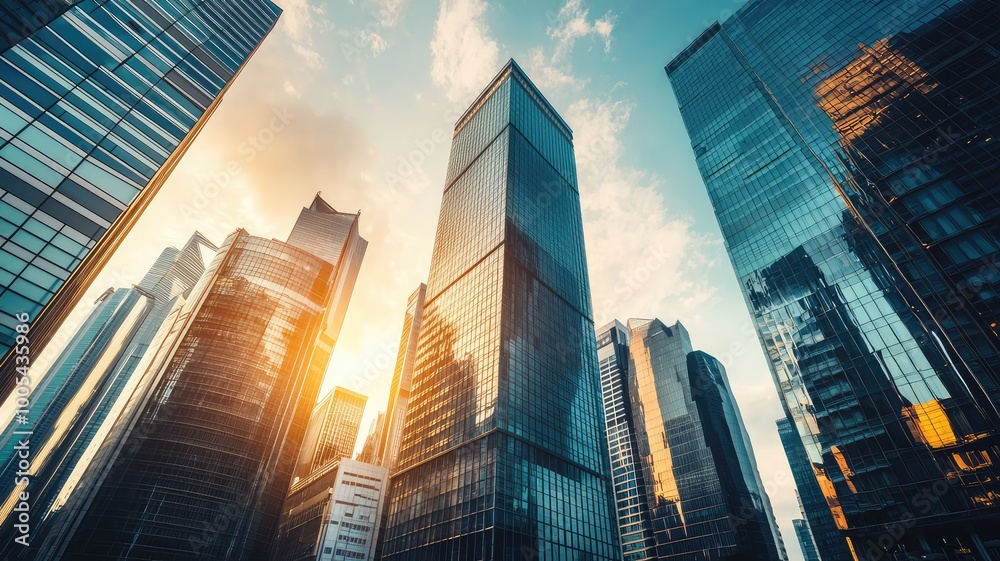 Fototapeta premium A low angle view of towering skyscrapers in a city, with the sun shining through the clouds.
