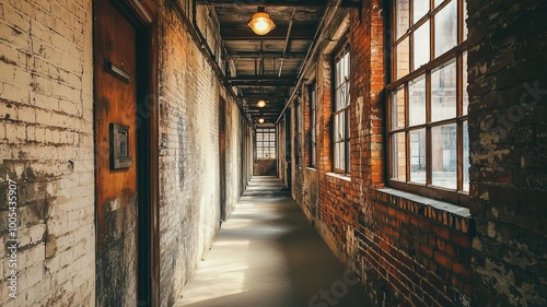 A long, vintage corridor showcasing brick walls, large windows, and warm lighting, creating an inviting atmosphere.