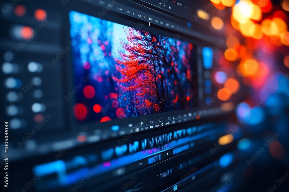 Close-up of a video editing software interface with a forest scene displayed on the screen.