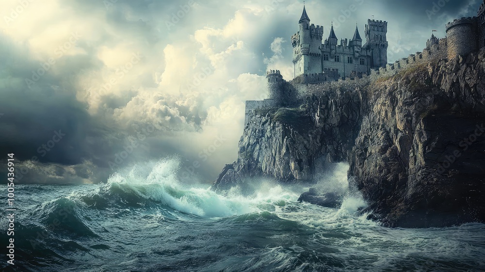 A majestic castle perched on a rocky cliff, overlooking turbulent waves and dramatic skies, evoking a sense of mystery and adventure. A majestic castle perched on a rocky cliff, overlooking turbulent waves and dramatic skies, evoking a sense of mystery and adventure.