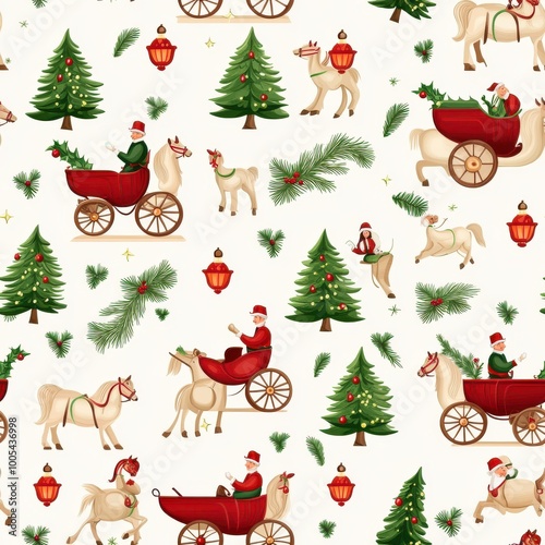 Festive Christmas Carriage and Tree Pattern Design