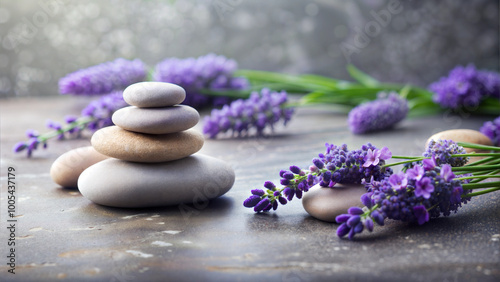 Stacked smooth stones with fresh lavender flowers on a calming textured background

