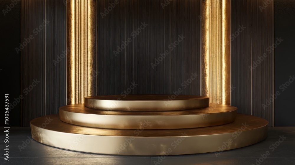 A three-tiered gold podium in a modern, dark room with a wood panel background and glowing lights. A three-tiered gold podium in a modern, dark room with a wood panel background and glowing lights.
