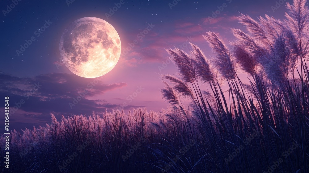 Full moon and Japanese pampas grass in midnight,The harvest Miscanthus sinensis and full moon,beautiful night sky in the countryside with the perfect moon exudes beauty in the dark. Full moon and Japanese pampas grass in midnight,The harvest Miscanthus sinensis and full moon,beautiful night sky in the countryside with the perfect moon exudes beauty in the dark.