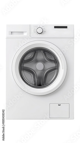 modern front loading washing machine with sleek white design, isolated white background, transparent background.