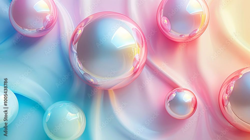 Colorful translucent bubbles float gracefully on a pastel background of soft hues Colorful translucent bubbles float gracefully on a pastel background of soft hues