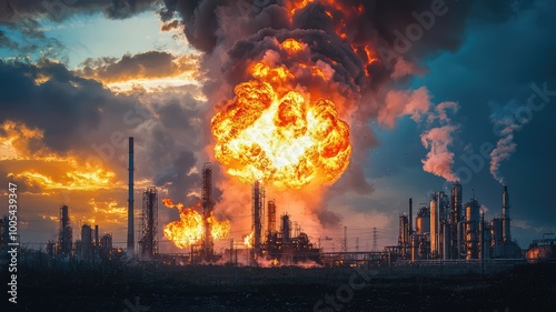 A massive explosion erupts at an industrial complex, sending flames and smoke billowing into the sky.  The fire is a danger to the nearby community.