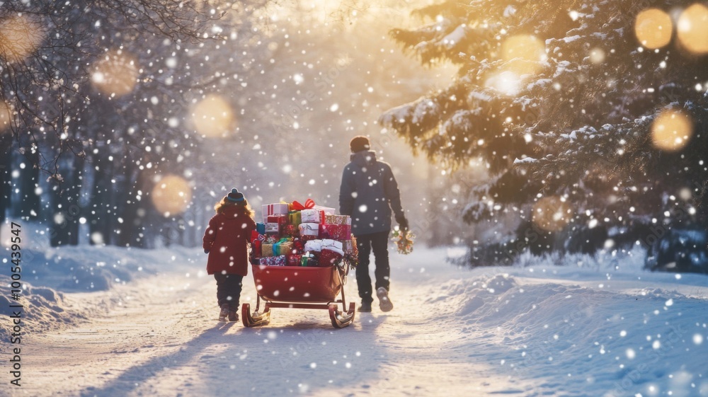Family Pulling Sled Filled with Presents Through Snowy Forest Family Pulling Sled Filled with Presents Through Snowy Forest