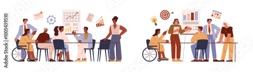 Business meeting in the office, disabled employee in wheelchair engaged in corporate conversation, teamwork vector set