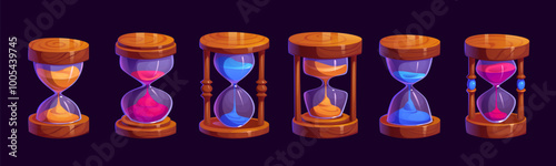 Cartoon game sandglass or hourglass with wooden frame and colorful falling pink, blue and orange sand. Vector sandclock, whimsical and playful time measuring items, gui elements , fantasy game assets