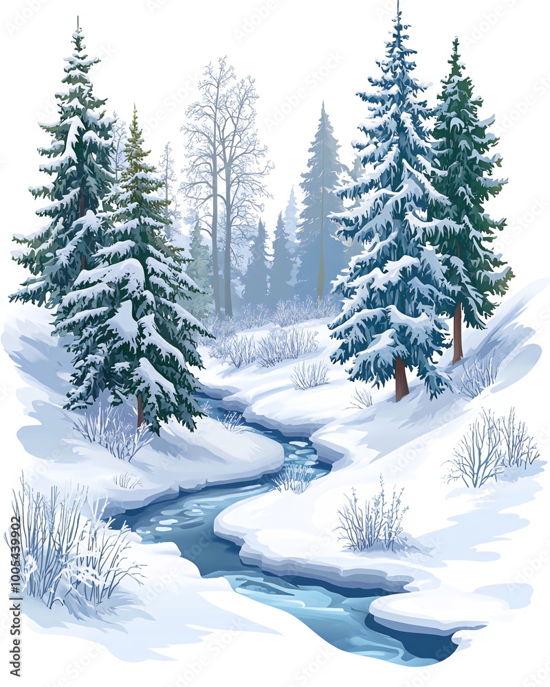 Naklejka premium A winding river flows through a snow-covered forest with tall pine trees.