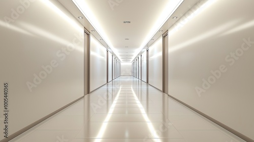 A modern, well-lit corridor featuring minimalist design, sleek surfaces, and a fresh, clean atmosphere perfect for various uses.