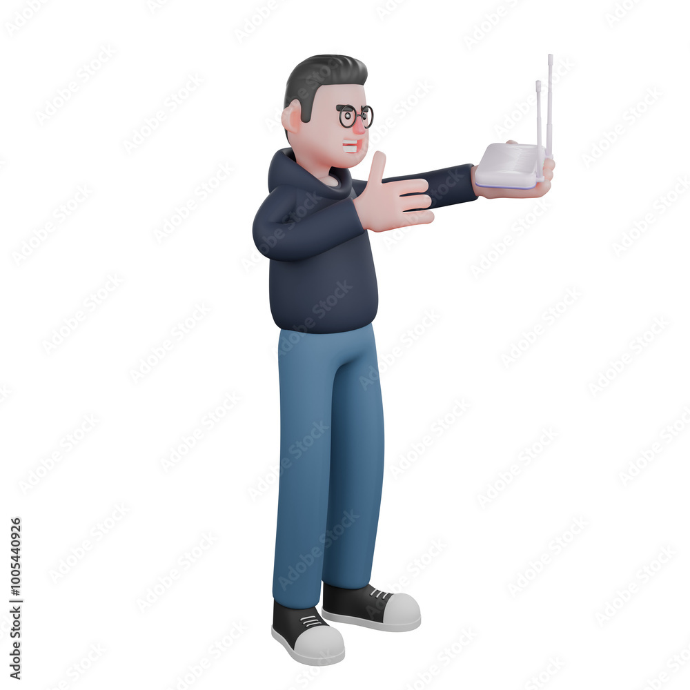 Tech Professional Male. A male programmer stands holding a wifi router in his left hand and his right hand in front of his chest. 3D Programmer Cartoon Tech Professional Male. A male programmer stands holding a wifi router in his left hand and his right hand in front of his chest. 3D Programmer Cartoon