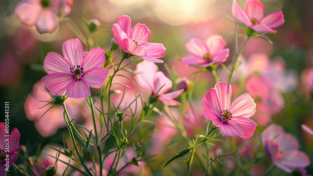 Pink cosmos flowers bloom in a field during a sunny day Pink cosmos flowers bloom in a field during a sunny day