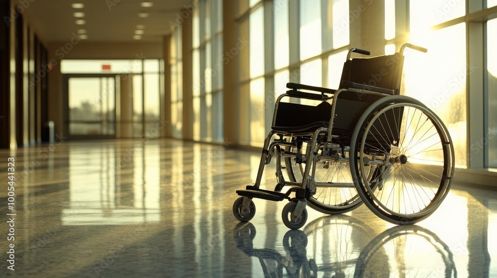 Empty wheelchair in sunlit hospital corridor Empty wheelchair in sunlit hospital corridor