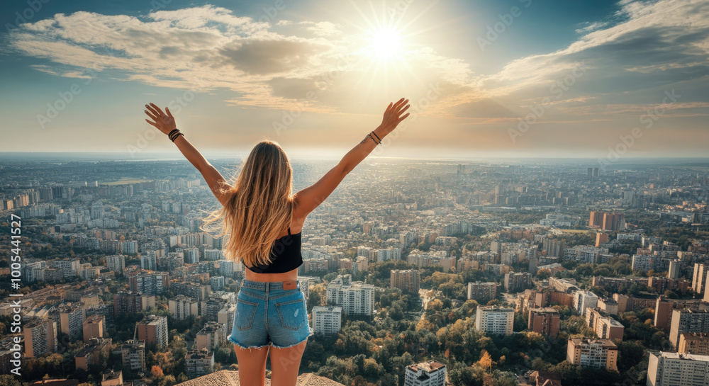 Woman with arms outstretched standing on building edge overlooking cityscape. Woman with arms outstretched standing on building edge overlooking cityscape.