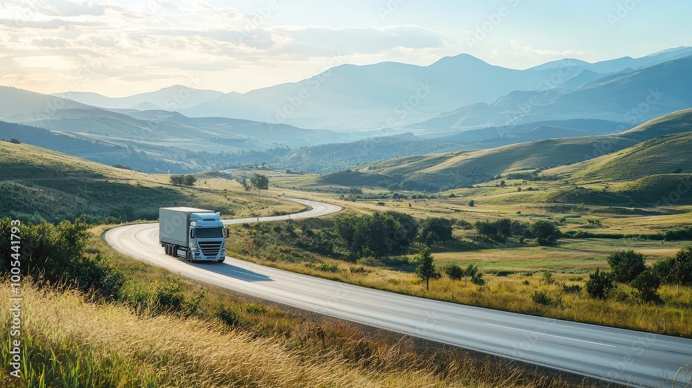 A modern truck driving along a winding road surrounded by lush mountains and scenic landscapes under a clear sky. A modern truck driving along a winding road surrounded by lush mountains and scenic landscapes under a clear sky.