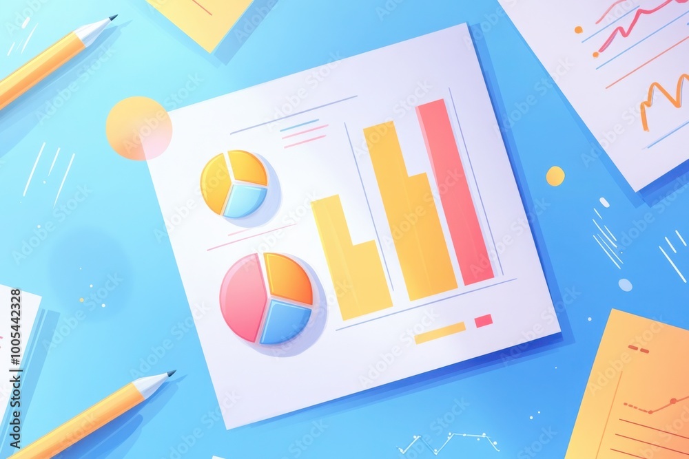 Colorful Business Charts and Graphs on Desk Colorful Business Charts and Graphs on Desk