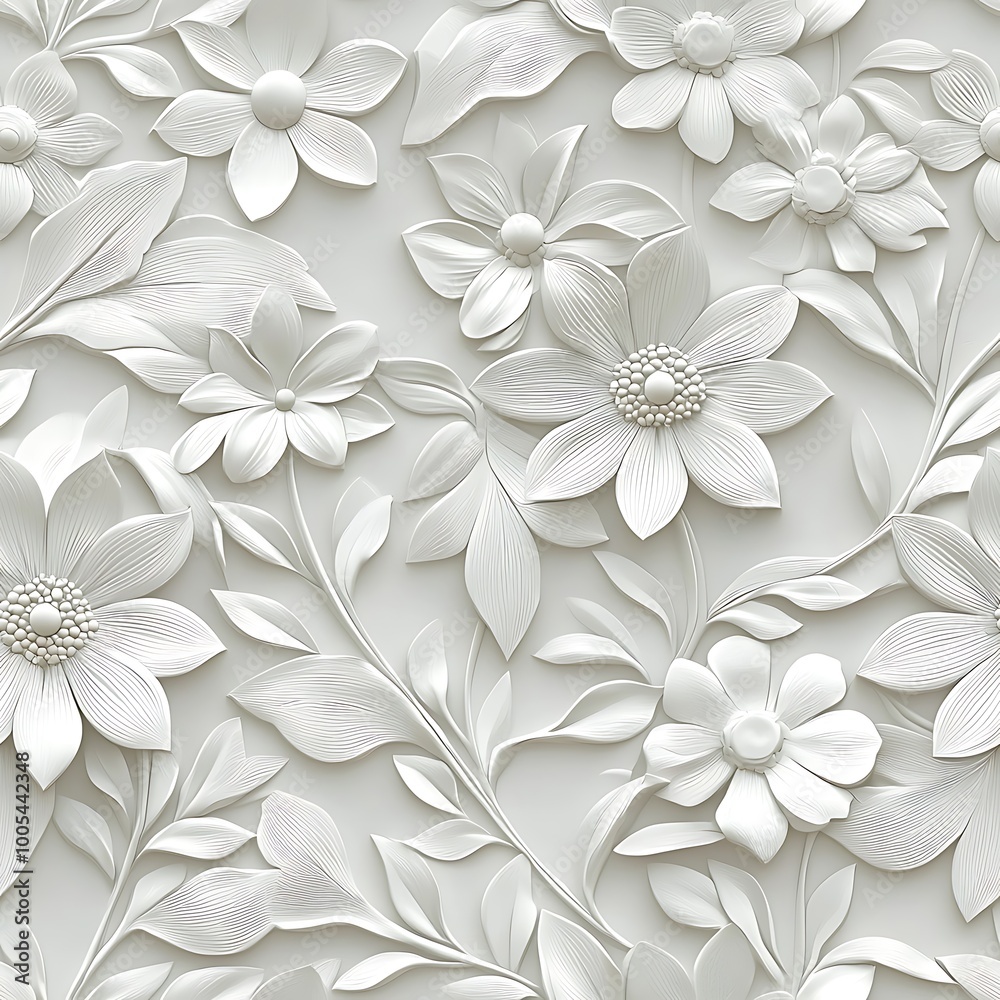3D floral wallpaper with white flowers and leaves
