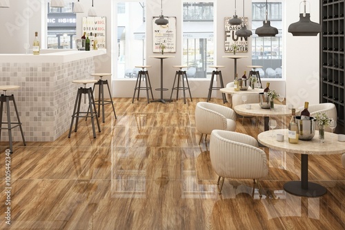 Minimalist Cafe interior with wooden chairs and square table, panoramic view on skyscrapers. Door with curtain, plant and hardwood floor, artificial plants on white wall. 3D Rendering