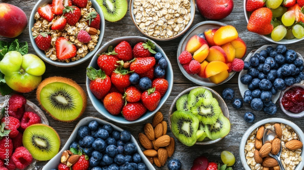 Assorted fresh fruits, nuts, and granola in bowls on a rustic wooden surface. Assorted fresh fruits, nuts, and granola in bowls on a rustic wooden surface.