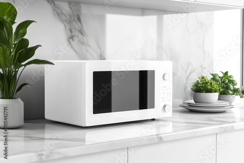 White microwave on marble kitchen counter