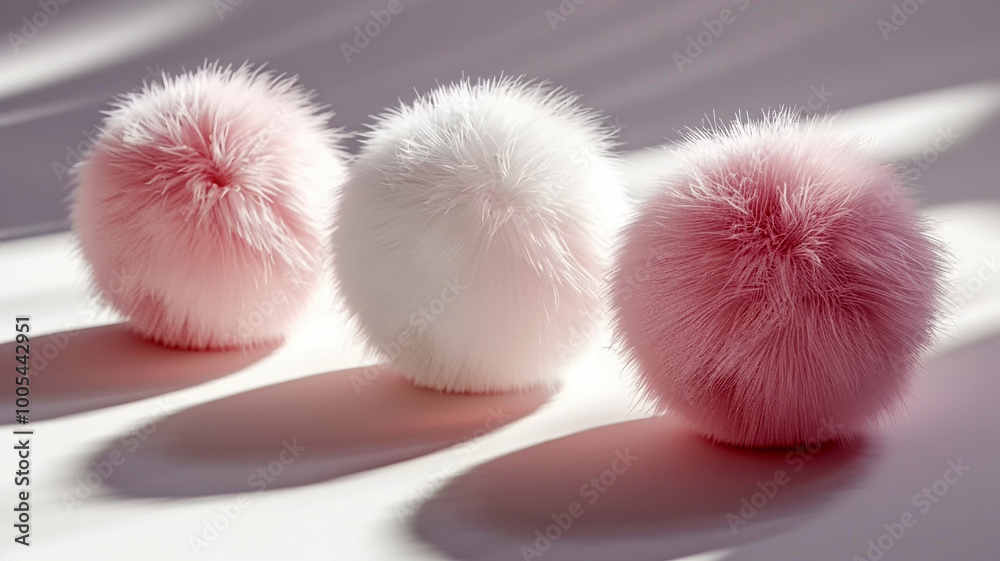 Soft pastel pom-poms create a playful arrangement bathed in gentle natural light Soft pastel pom-poms create a playful arrangement bathed in gentle natural light