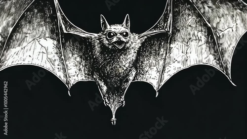 A black and white drawing of a bat with its wings spread wide against a black background photo