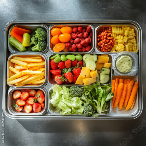 Healthy and colorful school lunch beautifully displayed on a cafeteria tray emphasizing balanced nutrition and appealing presentation