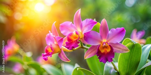 Pink Orchids Bloom in Warm Light, Sunlit Petals and Lush Greens