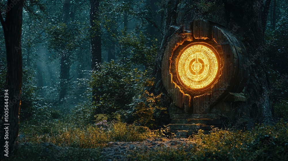 A mystical portal in a shadowy forest, illuminated by a warm glow, inviting exploration and adventure in an enchanting setting. A mystical portal in a shadowy forest, illuminated by a warm glow, inviting exploration and adventure in an enchanting setting.