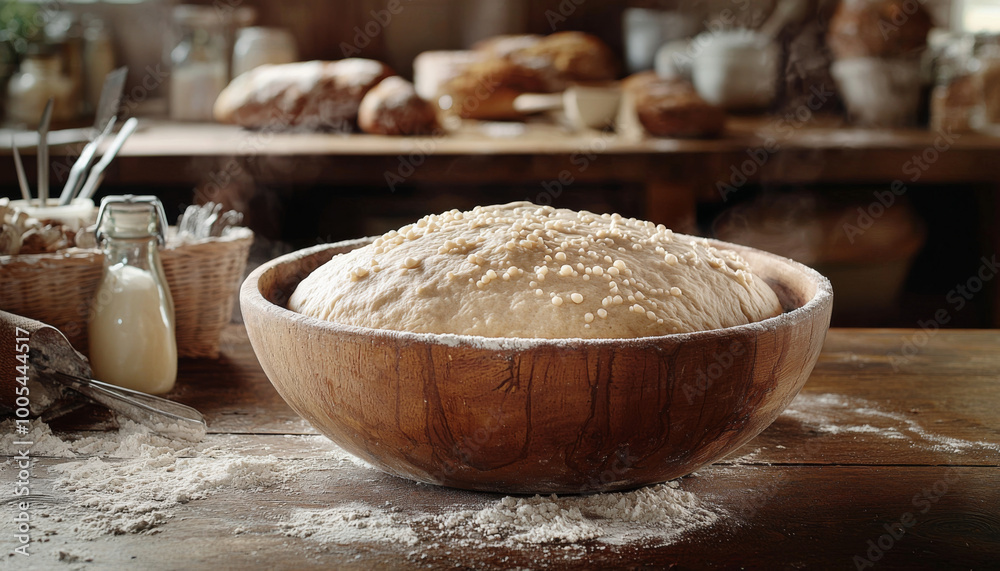 Fototapeta premium A freshly risen dough in a wooden bowl, surrounded by flour and kitchen items, ready for baking.