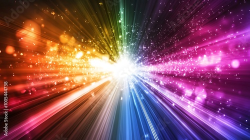 Abstract background with a rainbow of light rays and sparkles.