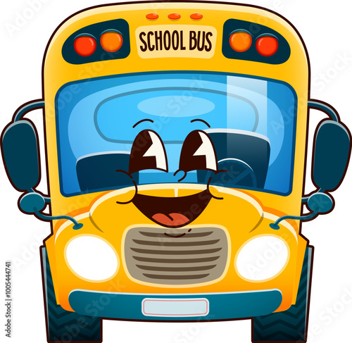 Groovy school bus character. Isolated cartoon vector yellow schoolbus with happy face and playful expression. Cheerful, fun and friendly vehicle represents kids transportation and education activities