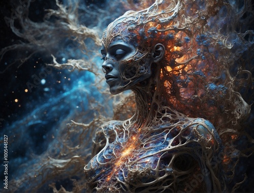 portrait of a person, alien woman magical dust flame in space portrait of a lion king wearing royal dress holding a book and scroll generative AI