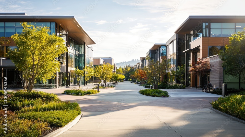 Naklejka premium A paved walkway winds through a modern office park with lush landscaping and clear blue skies.