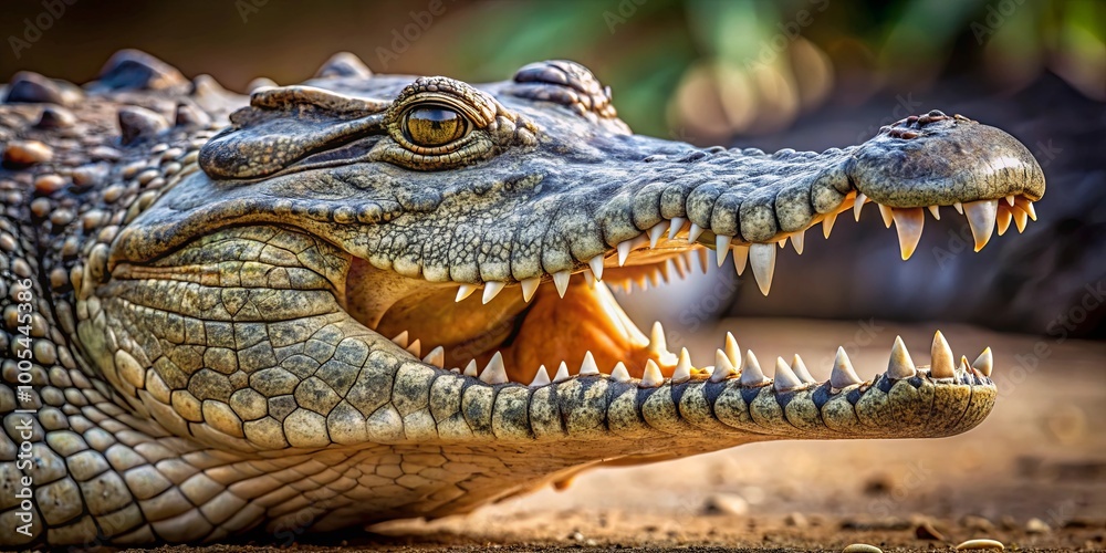 Obraz premium Closeup of a Crocodile's Jaw Open, Sharp Teeth Gleaming in the Sunlight
