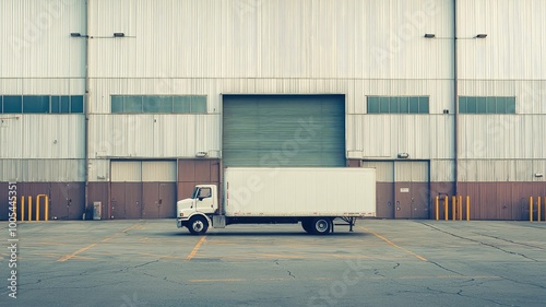 A parked delivery truck in front of a large industrial warehouse, showcasing an urban logistics scene. photo