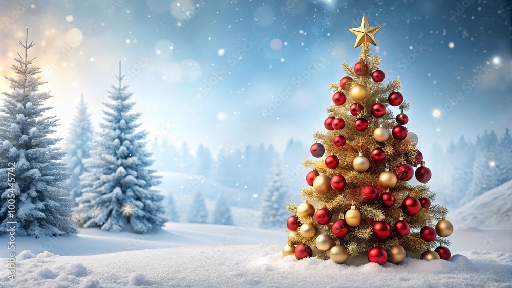 A Golden Christmas Tree Stands Tall in a Snowy Forest with Red and Gold Ornaments A Golden Christmas Tree Stands Tall in a Snowy Forest with Red and Gold Ornaments