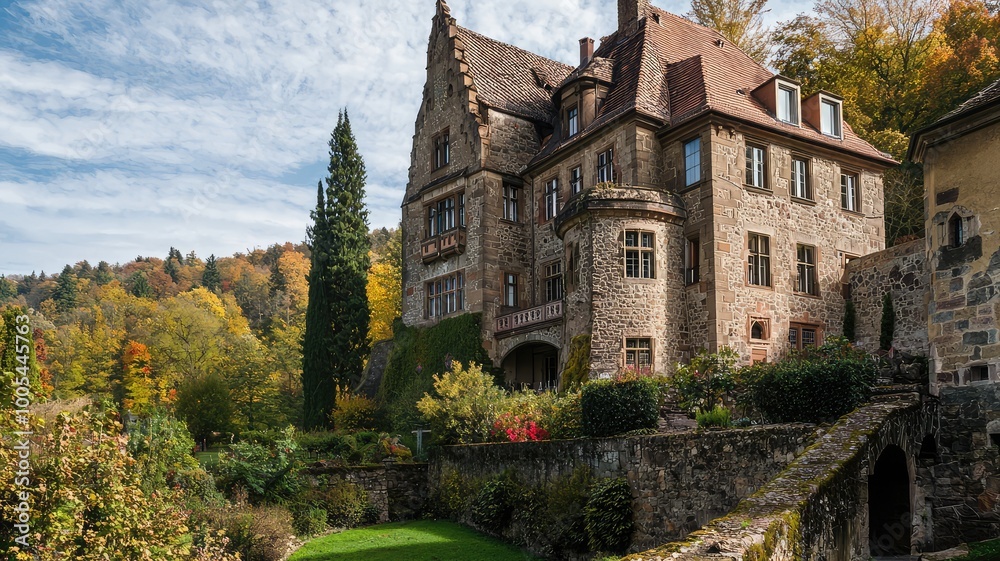 Fototapeta premium A picturesque autumn scene featuring a majestic stone mansion surrounded by vibrant fall foliage and lush greenery.