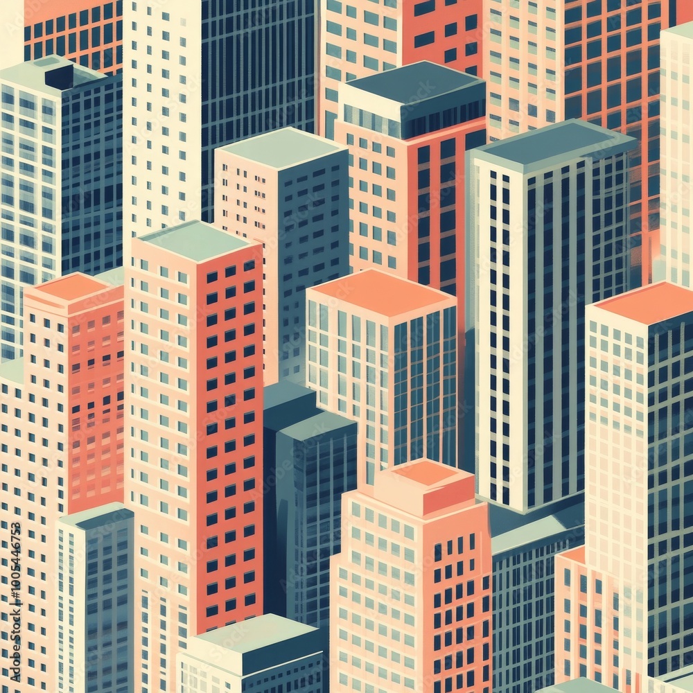 Abstract Illustration of Modern Cityscape with High-Rise Buildings in Various Colors and Geometric Patterns