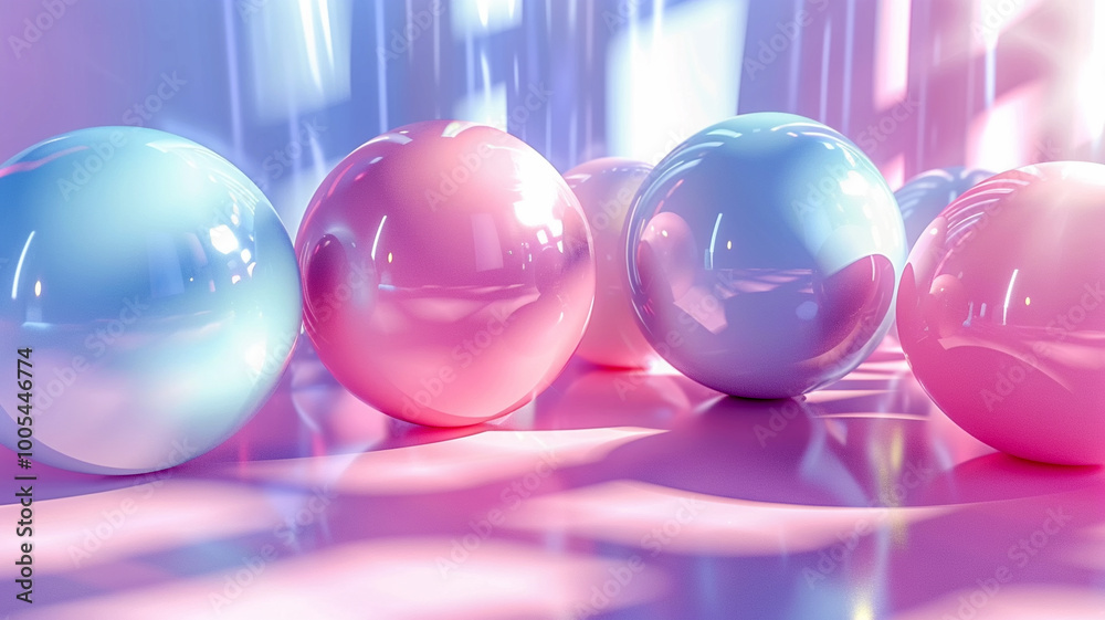 Colorful pastel spheres reflecting light in a serene setting during golden hour Colorful pastel spheres reflecting light in a serene setting during golden hour