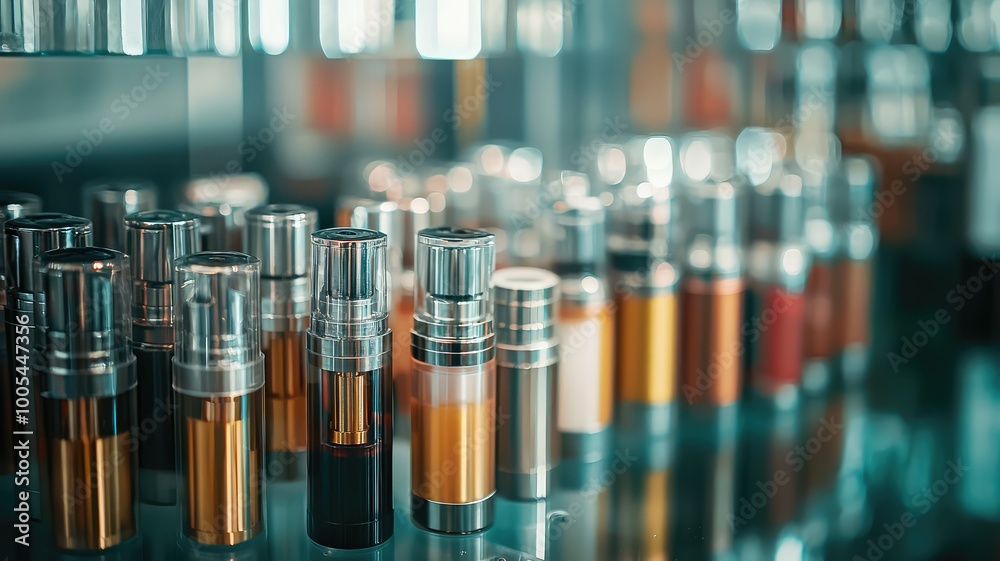 A row of small glass bottles with metallic caps, filled with various liquids, sit on a glass shelf A row of small glass bottles with metallic caps, filled with various liquids, sit on a glass shelf