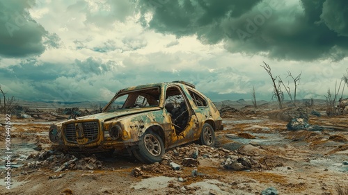 A rusty car sits abandoned in a desolate wasteland, surrounded by debris and skeletal trees under a stormy sky.