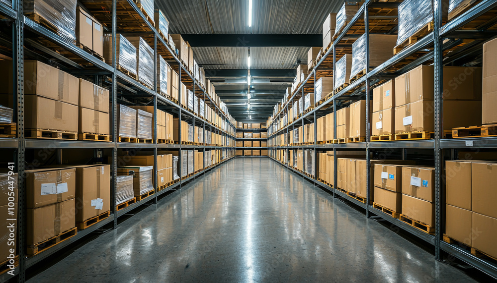 Fototapeta premium A spacious warehouse filled with neatly stacked cardboard boxes on shelves, reflecting a well-organized storage environment.