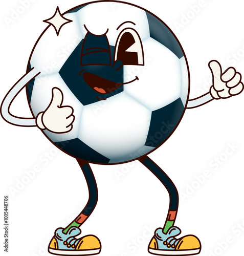 Groovy school soccer ball character showcasing a sporty and funky vibe. Isolated cartoon vector retro sport personage with happy face and thumbs up, captures the joy and excitement of football game
